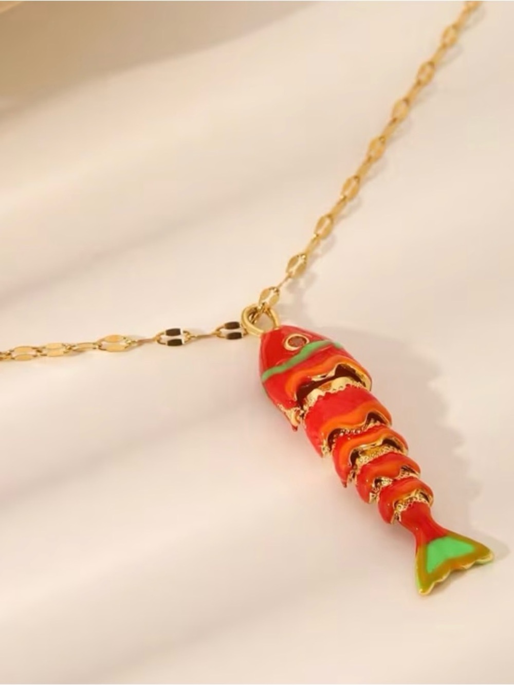 Gold-Tone Red Enamel Fish Pendant Necklace - Brand Unspecified